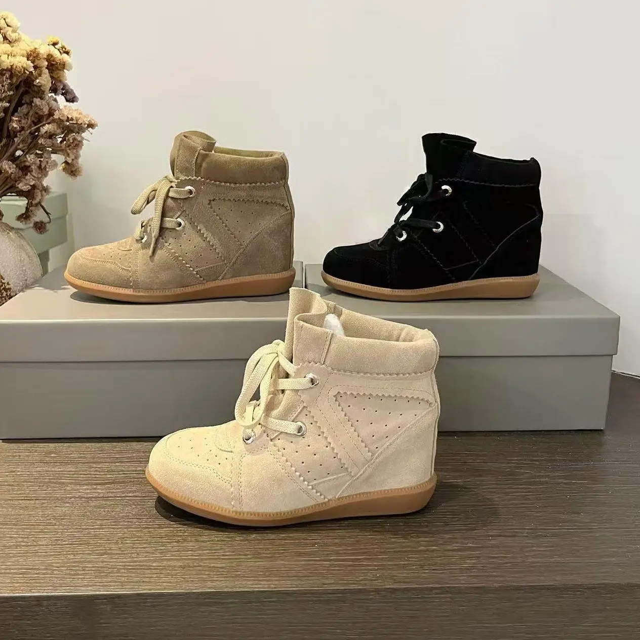 

Fashionable High-Top Casual Shoes Women's Boots Increased Height Inner Leather Real Skin Trendy All-Match Spring Autumn