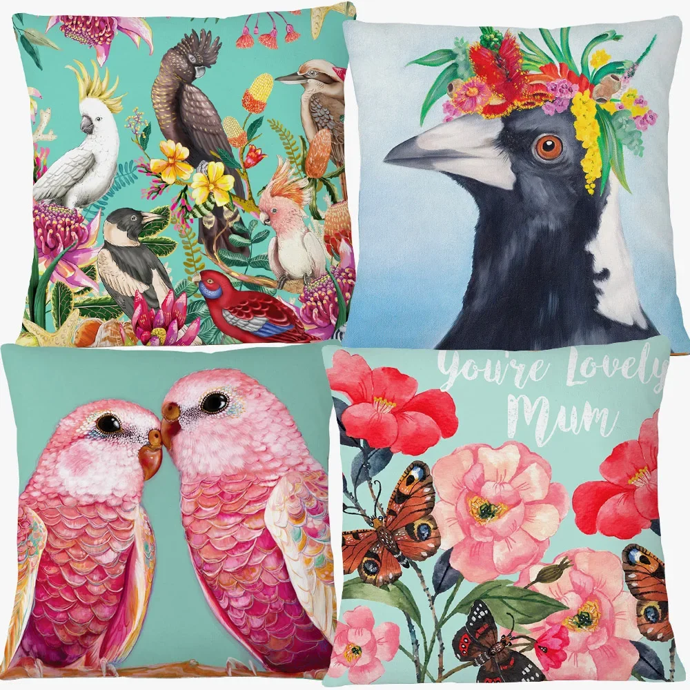 

European Koala Cockatoo Birds Animals Poster Oil Painting Cushion Covers Flower Paradiso Decorative Pillows For Sofa