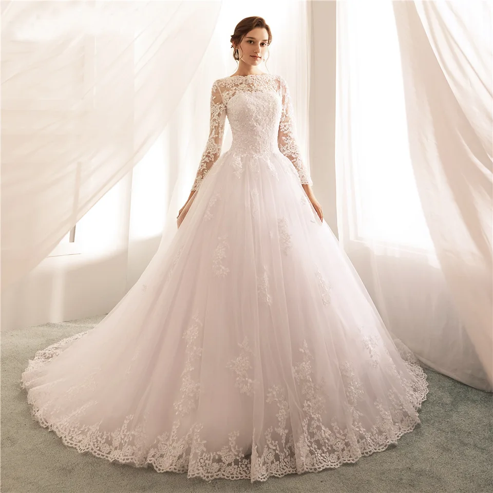 VENSANAC Vintage O Neck Lace Appliques Ball Gown Wedding Dress Illusion Long Sleeve Court Train Bridal Gowns