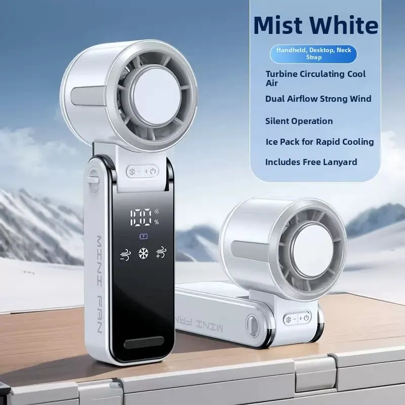 

Portable Mini Fan Turbo-circulated cool air, dual-flow powerful airflow, silent operation with LED display, three-speed settings
