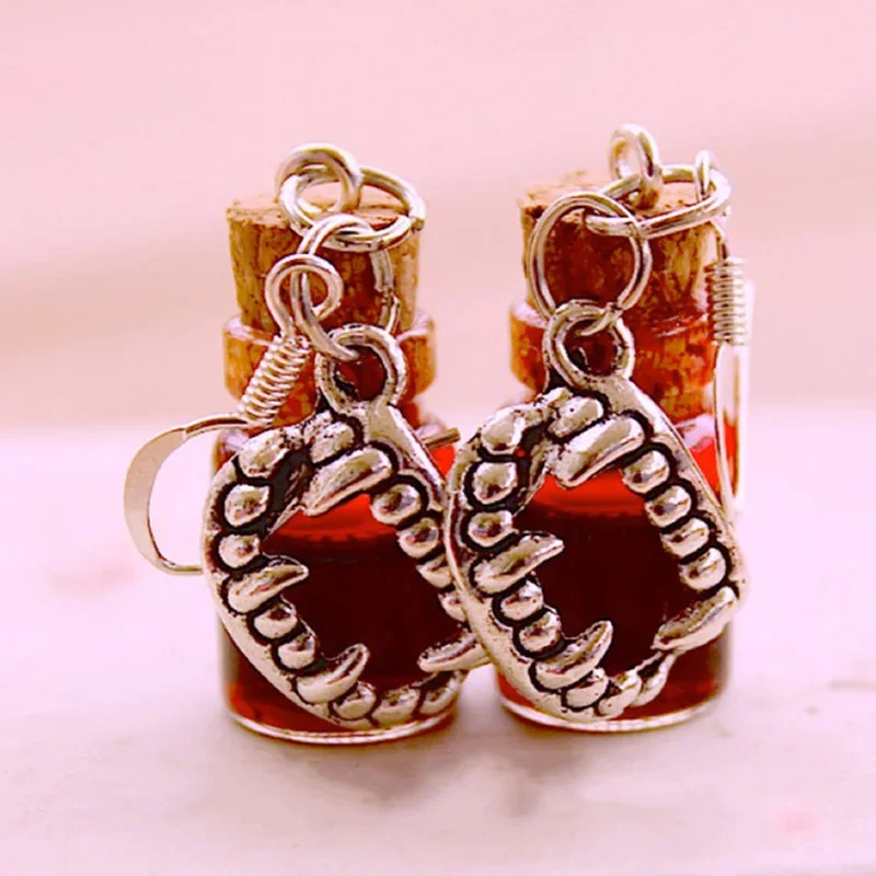 Vintage vampire resin filled blood bottle Pendant Earrings,vampire teeth Goth,2022 fashion glass fake blood bottle gotra jewelry