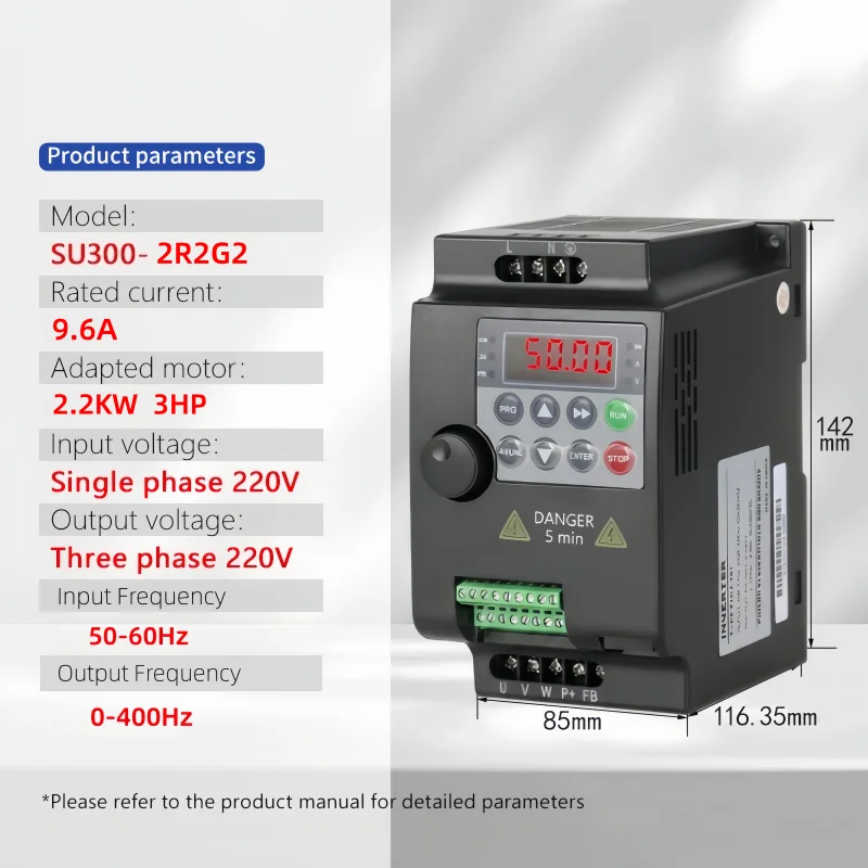 SUSWE laagspanningsfrequentieomvormer (VFD) 0,75/1,5/2,2/4/5,5 kW, 1-fase 220V naar 3-fase 220V of 3-fase 380V naar 3-fase 380V, voor motorregeling van de snelheid.