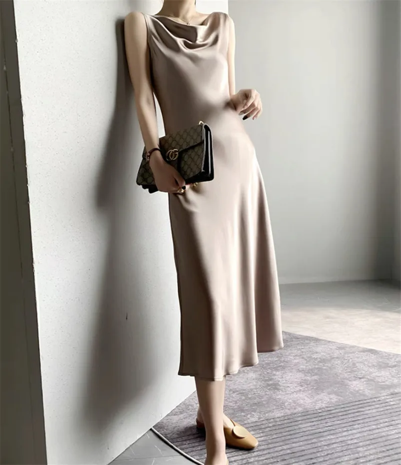 New Summer Swinging Neck Solid Satin Party Dress donna Vintage senza maniche Tank abito lungo primavera allentato a-line Dress 2024 Vestido