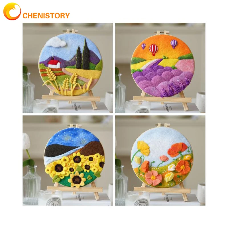 CHENISTORY DIY Wool Felting Painting With Embroidery Kit Flower Landscape Beginner Painting Handcraft Needle Wool For Home Decor