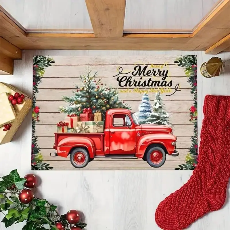 VIKAMA Xmas Welcome Mat Red Vintage Truck Tree Happy New Year Farmhouse Indoor Front Entryway Rug Non Slip Home Decor