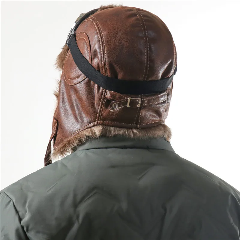 Earflap Ushanka Warm Fur Hat Leather Army Helmet Bomber Men Trapper Pilot Aviator Costume Cap With Goggle Soviet For Women