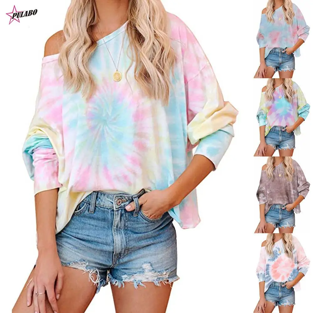 PULABO Autumn Winter Tie-Dye Women's Top - European and American Gradient Color Print Long-Sleeve Round Neck Casual T-shirt