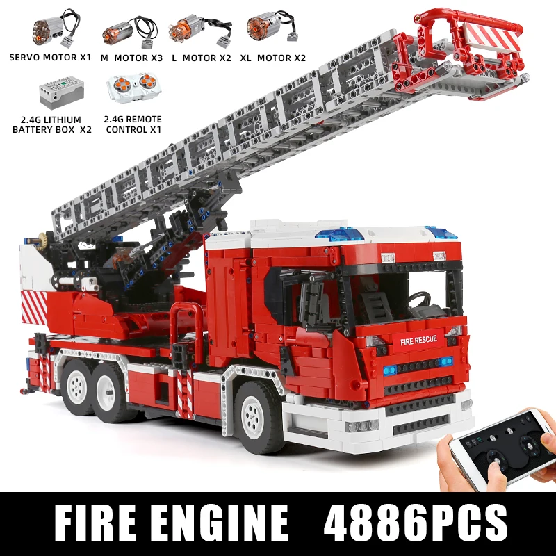 Mould King 17022 Technische Auto Speelgoed Afstandsbediening Brandweerauto Ladderwagen Bouwblok Assemblage Steentjes Kinderen Kerstcadeau
