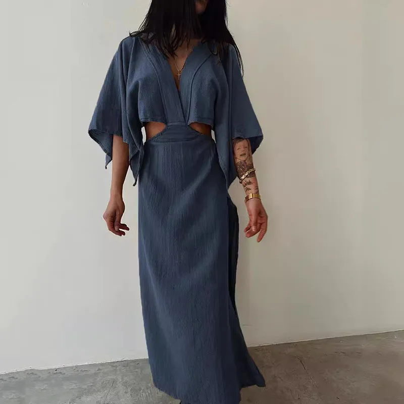 

Fashion Women Cotton Linen Long Dress Sexy Elegant V-neck Waist Hollow Party Dress 2024 Chic Short Sleeve Solid Slit Dresses