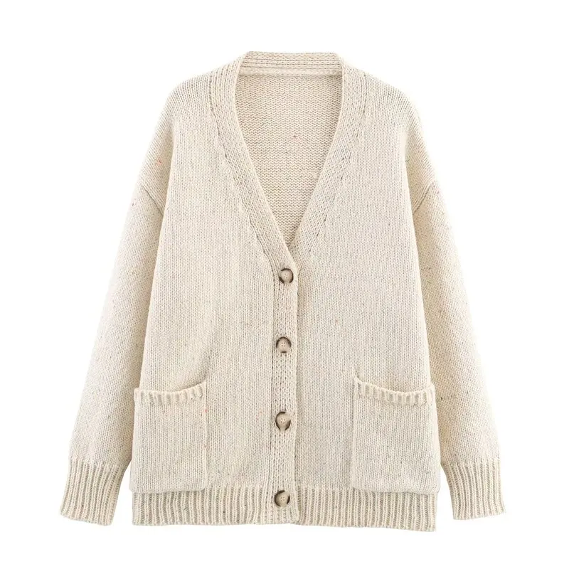 Solto de malha longa sve v-ne outerwear feminino nova chegada outono 2025 casual sle padrão de ponto redondo aberto cardigan