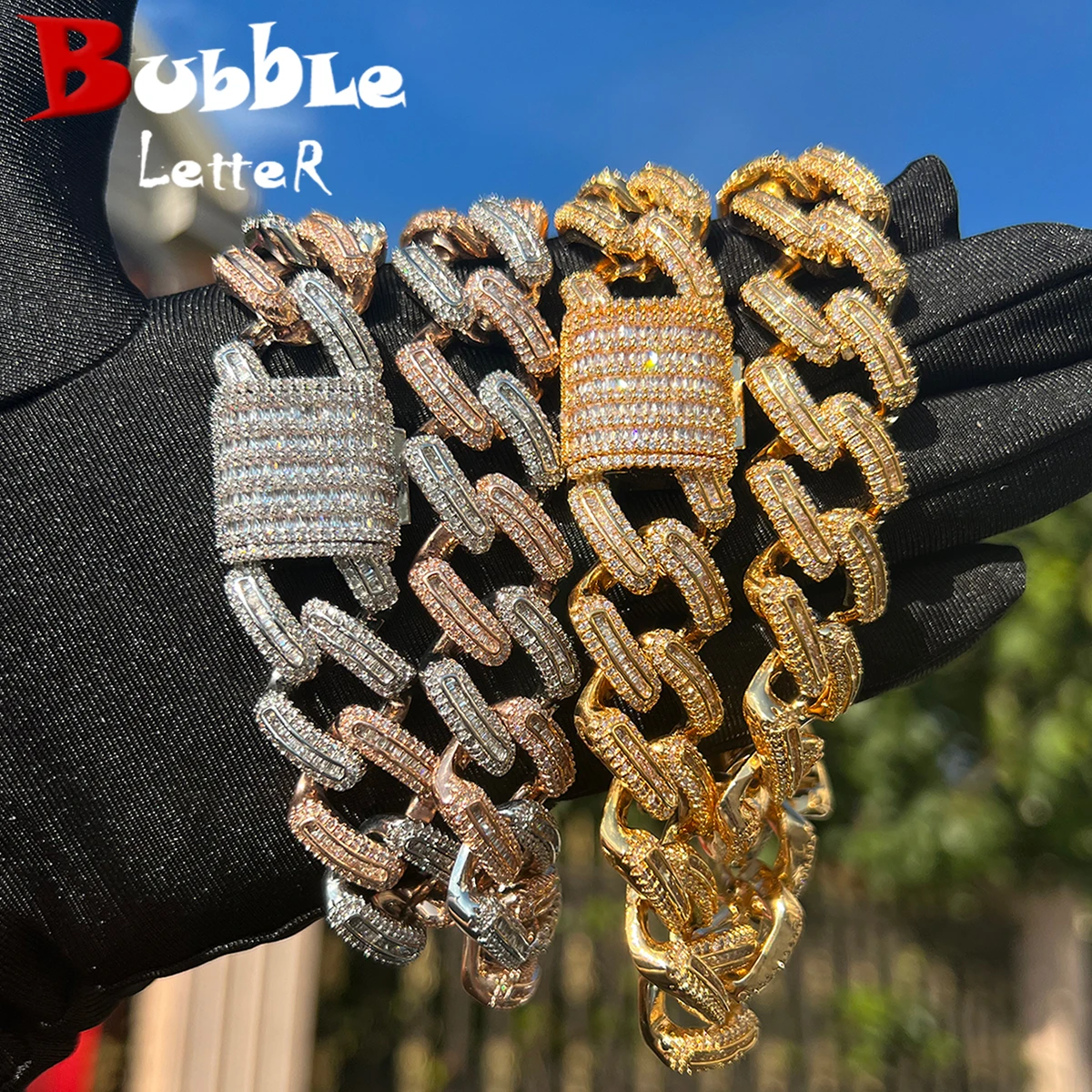 

Bubble Letter Miami Cuban Link Chain for Men Baguette Choker Real Copper Prong Setting Micro Pave Hip Hop Jewelry