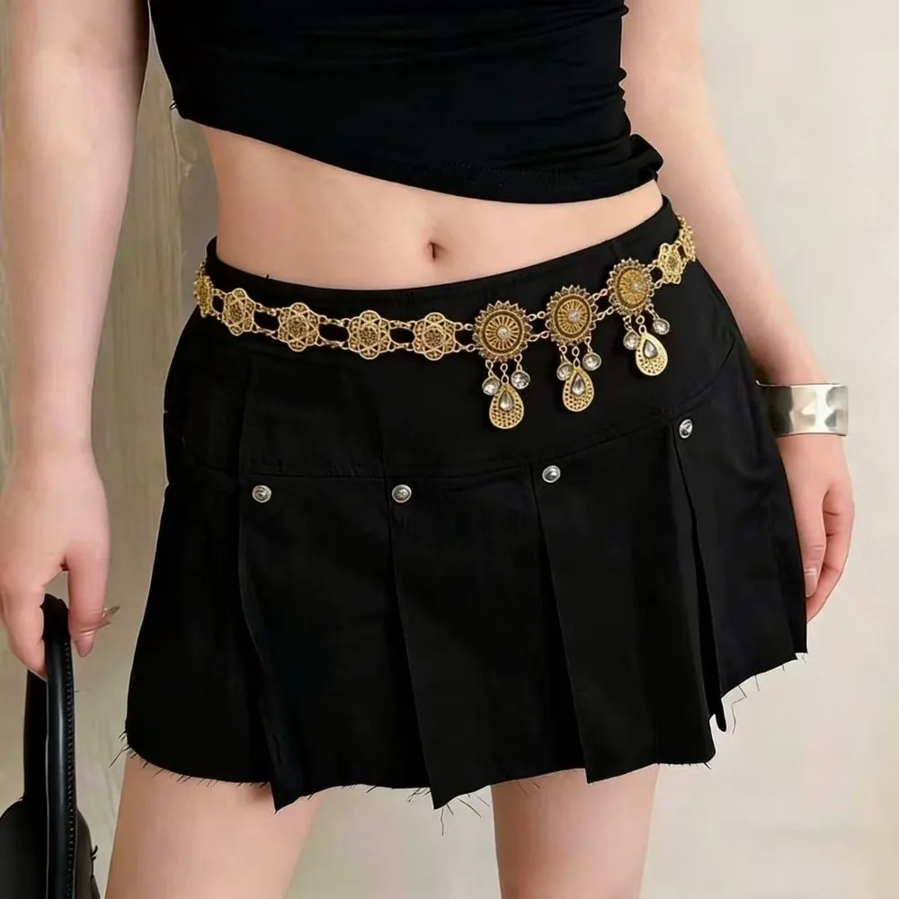 

New Rhinestone Waist Chain Golden Alloy Metal Flower Belly Chains Carved Pattern Tassel Hollow Out Belt Weddings