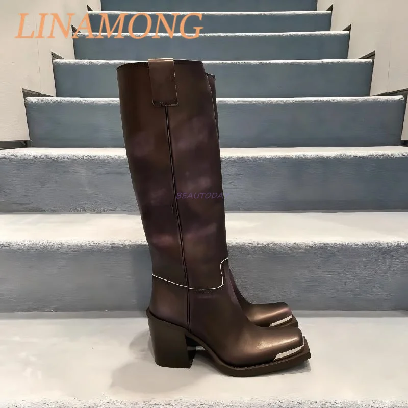

Retro Polished Vintage Long Boots Simple Style Thick Heel and Square Head Metal Iron Plate Knee Length Sleeve Knight Boots