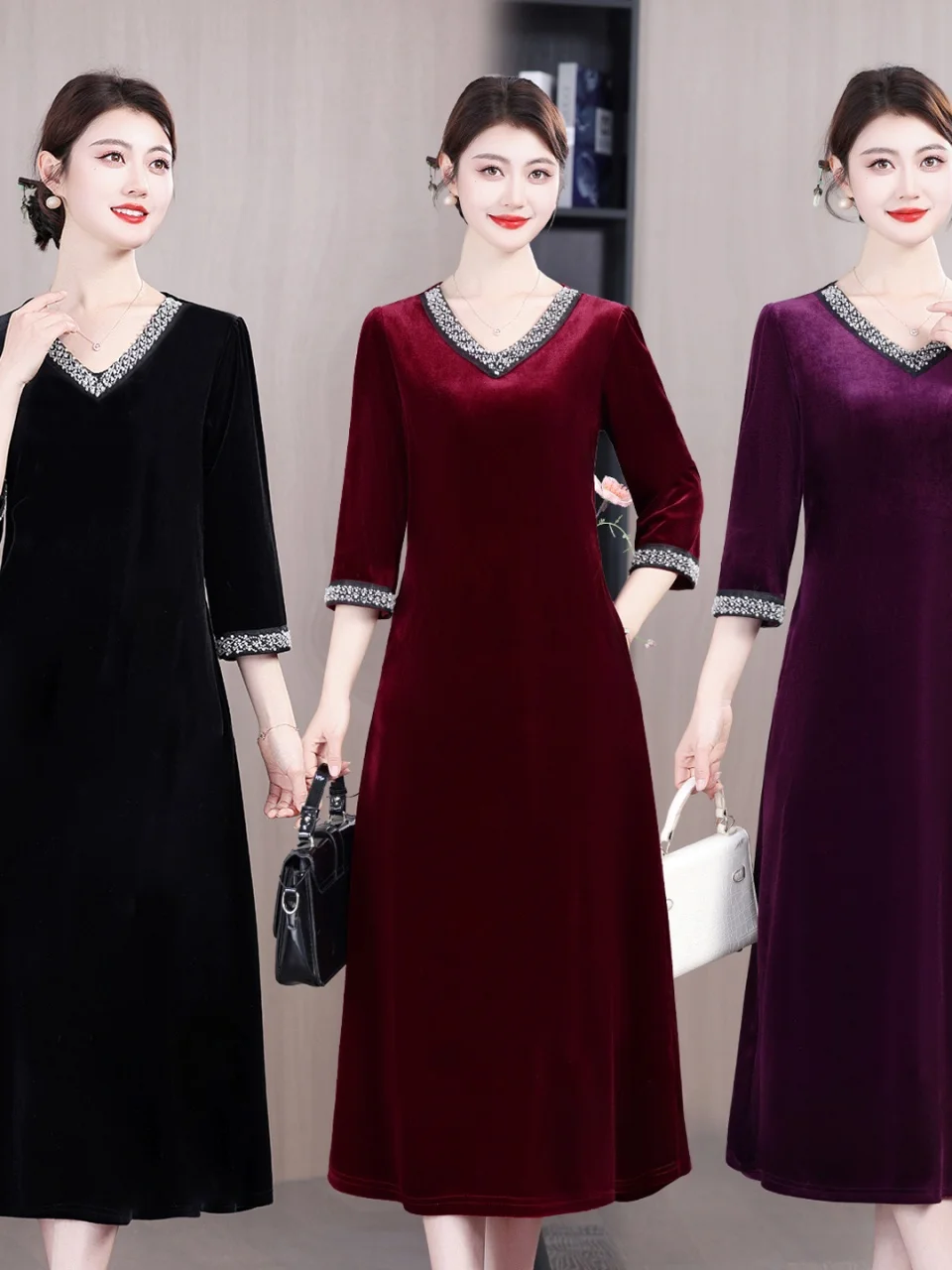 

Платье-миди из бархата большого размера для мам, весенняя модная коллекция, с V-образным вырезом, из полиэфирного волокна, свободного кроя, женское платье