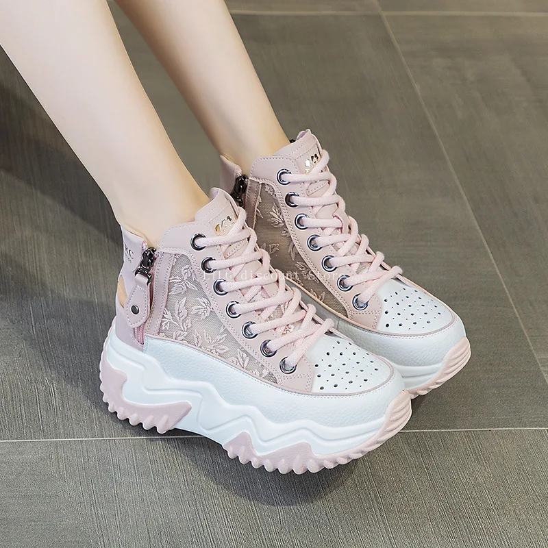 Shoes for Women Bilateral Zipper  White Platform Shoes Woman 2024 New Pink Sneaker Increase Leather Running Shoes Summer Spring