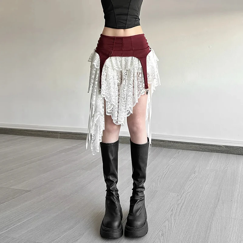 Y2K Streetwear Mini Skirt Women Summer Irregular Lace Patchwork Vintage Skirts Female High Waist Harajuku Hottie Bandage Skirt
