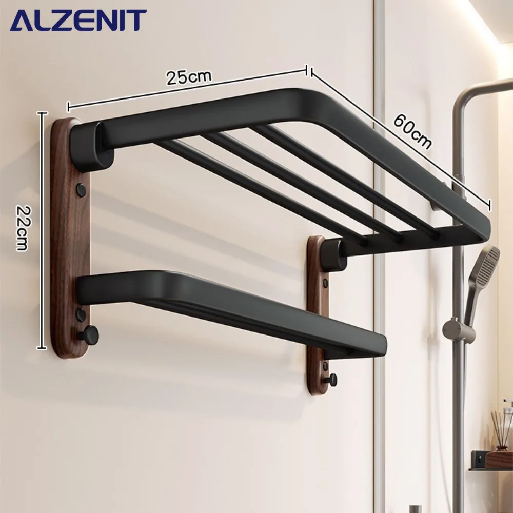 

Walnut Towel Rack 50-60CM Double Folding Movable Solid Wood Holder with Hook Wall Aluminum Shower Hanger Bathroom Accessories