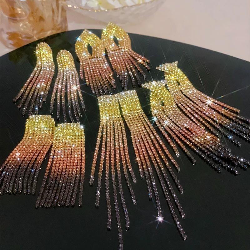 2024 Luxury Women\'s Earrings Geometric Long Tassel Crystal Rhinestone Drop Earrings New Shiny Wedding Statement Party Jewelry