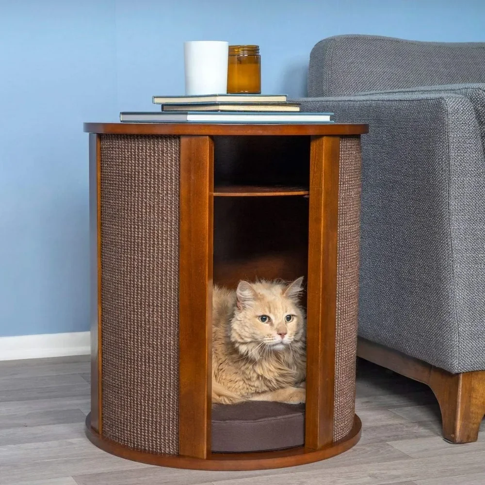 

Purrrrfect End Table Cat Bed Cave in Mahogany Brown, Multipurpose Wood Cat Furniture Nightstand, Easy to Clean Covered Cat Bed