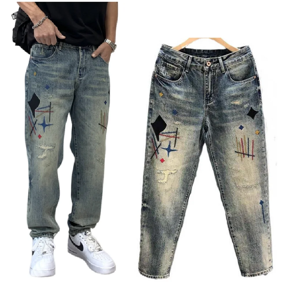 

Washed Worn Beggar Pants Patch Embroidered Jeans ,Men's Tapered Pants American Styles High Street Denim Pants