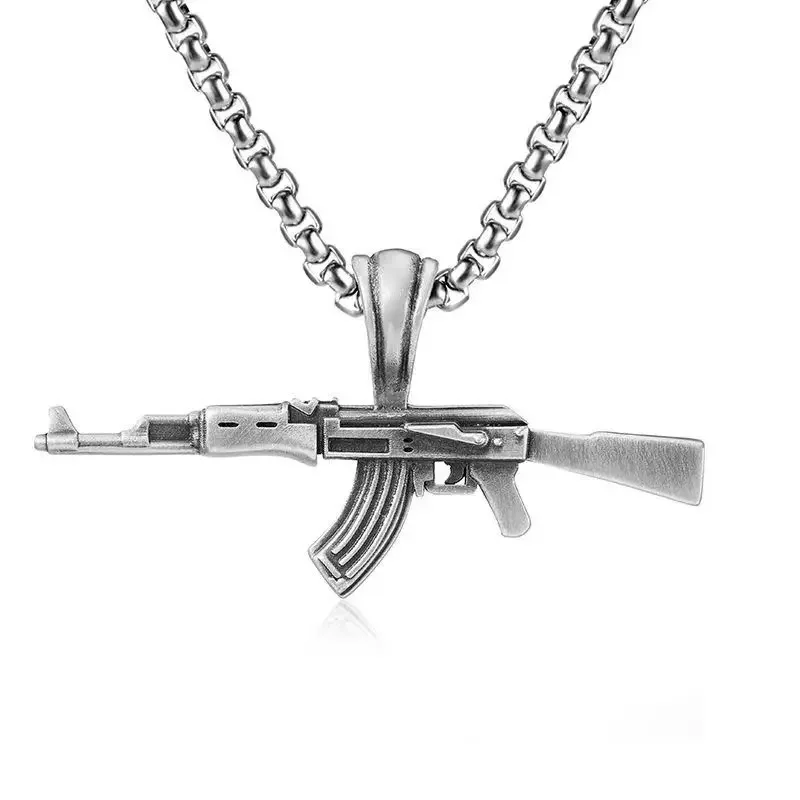 Fashionable and Domineering Ak-47 Submachine Gun Pendant Necklace Suitable for Men\'s Personalized Hip-Hop Rock Punk Jewelry