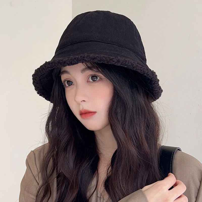 Ladies Autumn And Winter Splicing Hat Warm Fisherman's Hat Worn on Both Sides Lamb Hair Hat Fashionable Plush