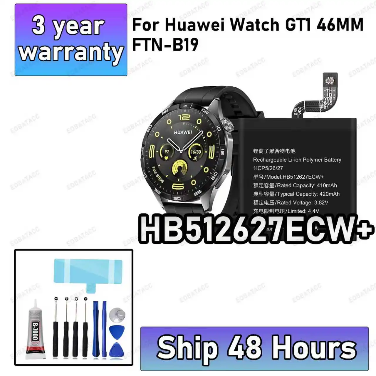 

100% New High Quality HB512627ECW+ Battery for Huawei Watch GT 1 46MM FTN-B19 420mAh portablet Batteries Warranty+Free Tools