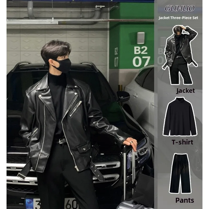 

Мужской комплект в американском ретро-стиле: кожаная мотоциклетная куртка и брюки. Модный, высококачественный осенний комплект из двух предметов. Куртка-бомбер.