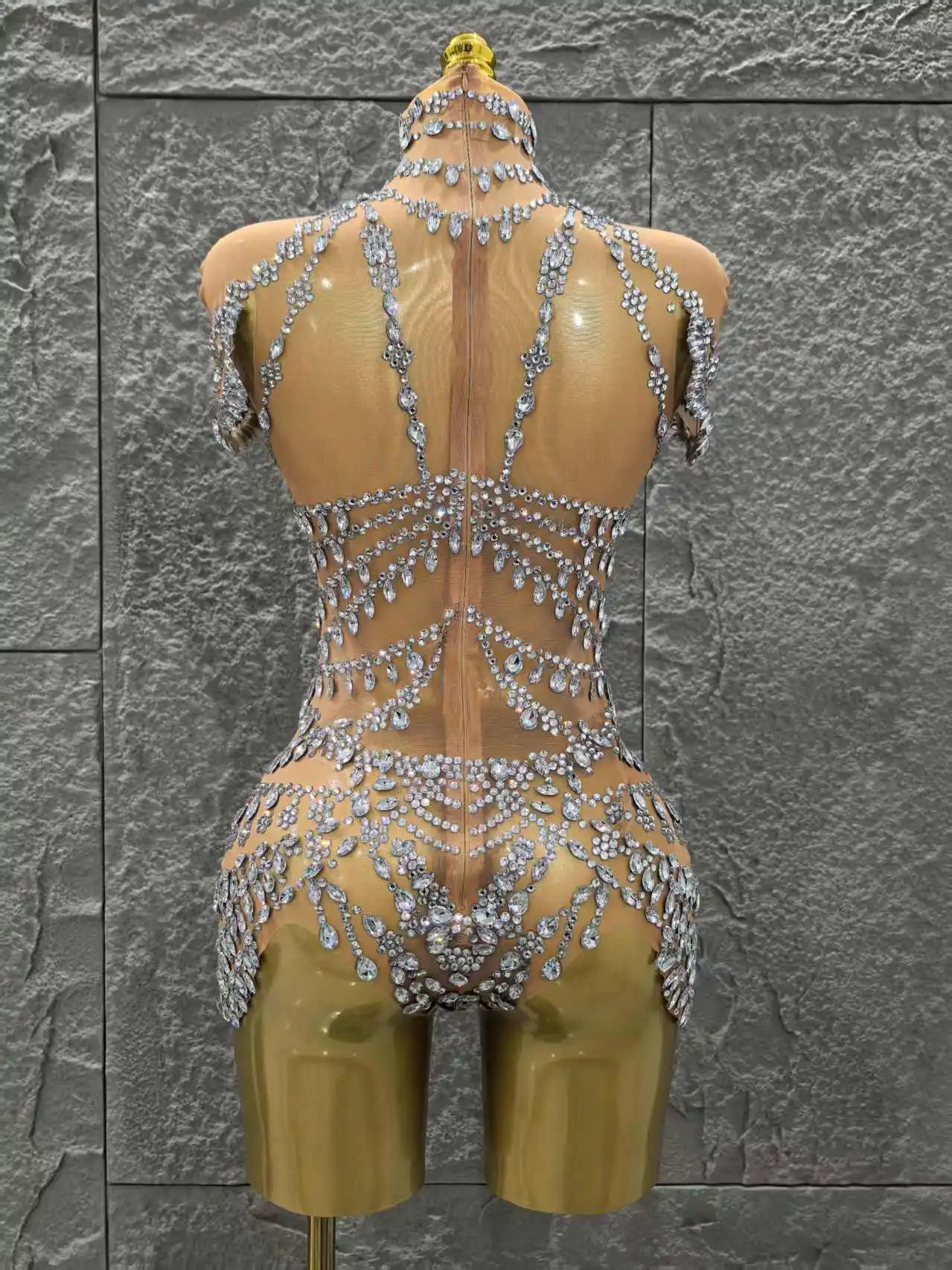 Body ajustado transparente de malla Sexy de cristal brillante para mujer, traje de actuación de cantante para fiesta en club nocturno, ropa de escenario