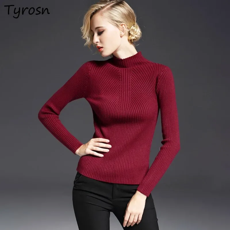 

Slim Sweater Pullovers Women 7-Color Harajuku Inside Basics Knitwear Mock Neck European Fashion Clothing Pull Femme Leisure Cozy