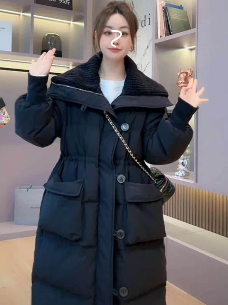 Winter Mid-length Parka Women Oversized Down Cotton Padded Jacket Korean Fashion Coat Thick Warm Lace-up Pockets Outerwear