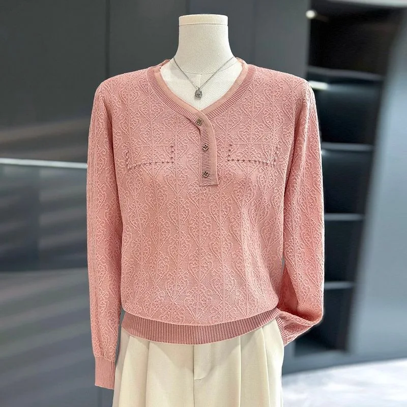 Pullover a maniche lunghe casual versatile autunnale da donna Bottoni con scollo a V Top lavorato a maglia a maniche lunghe tinta unita alla moda