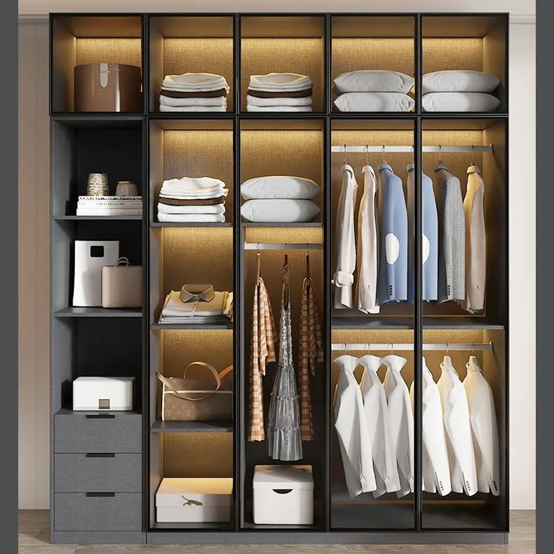 Light luxury wardrobe household bedroom solid wood small apartment wardrobe modern simple locker free installation glass cabinet