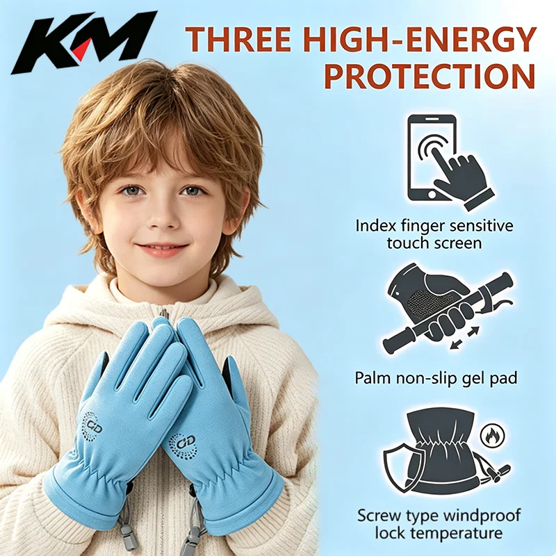 4-15 Years Kids Winter Sports Gloves with Silicone Anti-Slip Grip, Waterproof Touchscreen Snow Gloves for School Bike Riding
