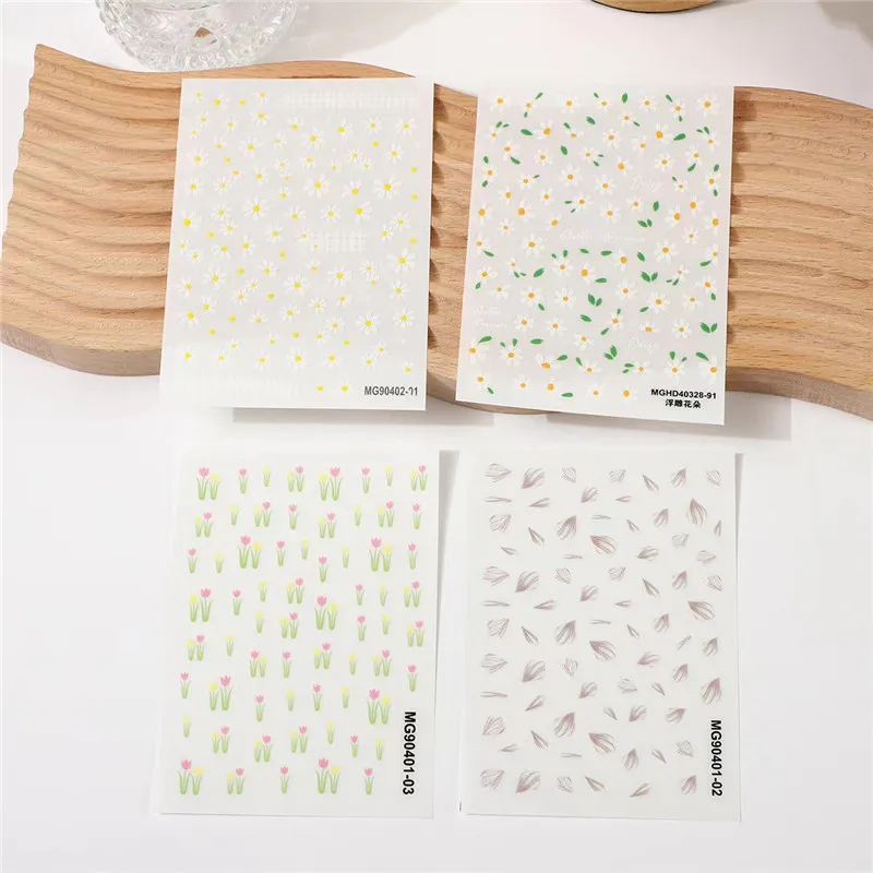 3D Nail Art Stickers Spring Summer White Daisy Florals Flowers Leaves Decals For Nails Decoration Manicure Salon Beauty