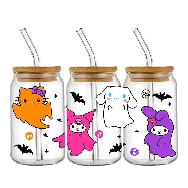 Miniso Halloween Hello Kitty 16OZ UV DTF Cup Wraps Transfer Sticker For Glass Libbey Can Bottle Selfadhesive Washable DIY Custom