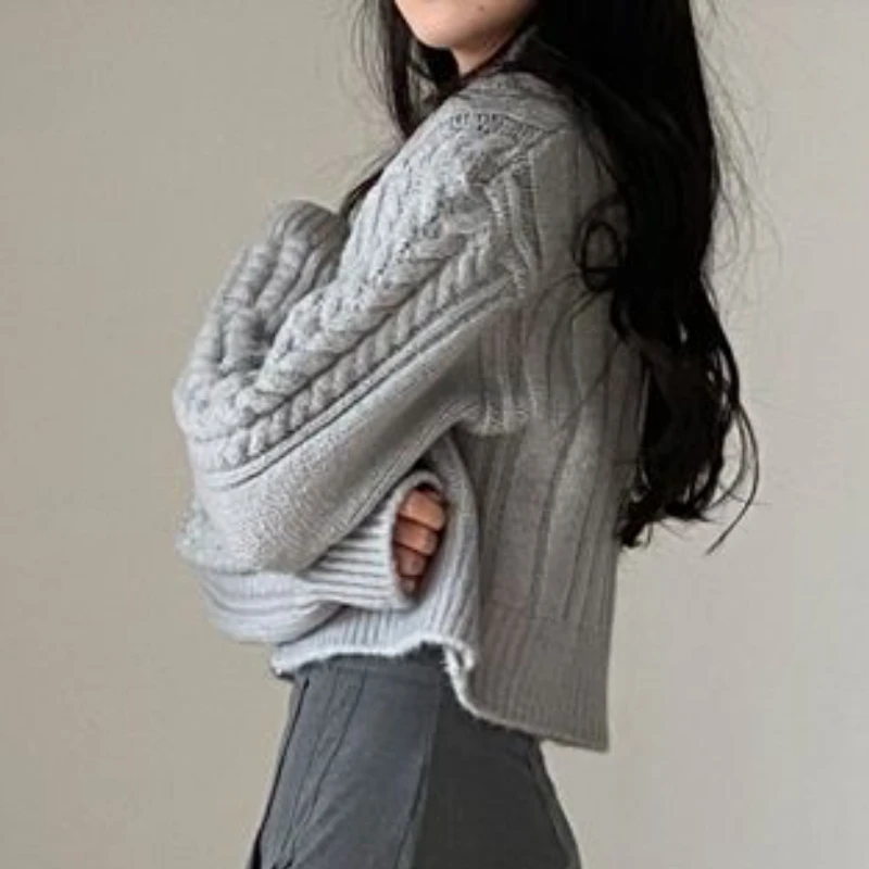 Gray Cardigans Women Vintage Twist Crop Sweaters Autumn Zip-up Knitwear Outerwear Tender Korean Fashion Ladies Casual Streetwear