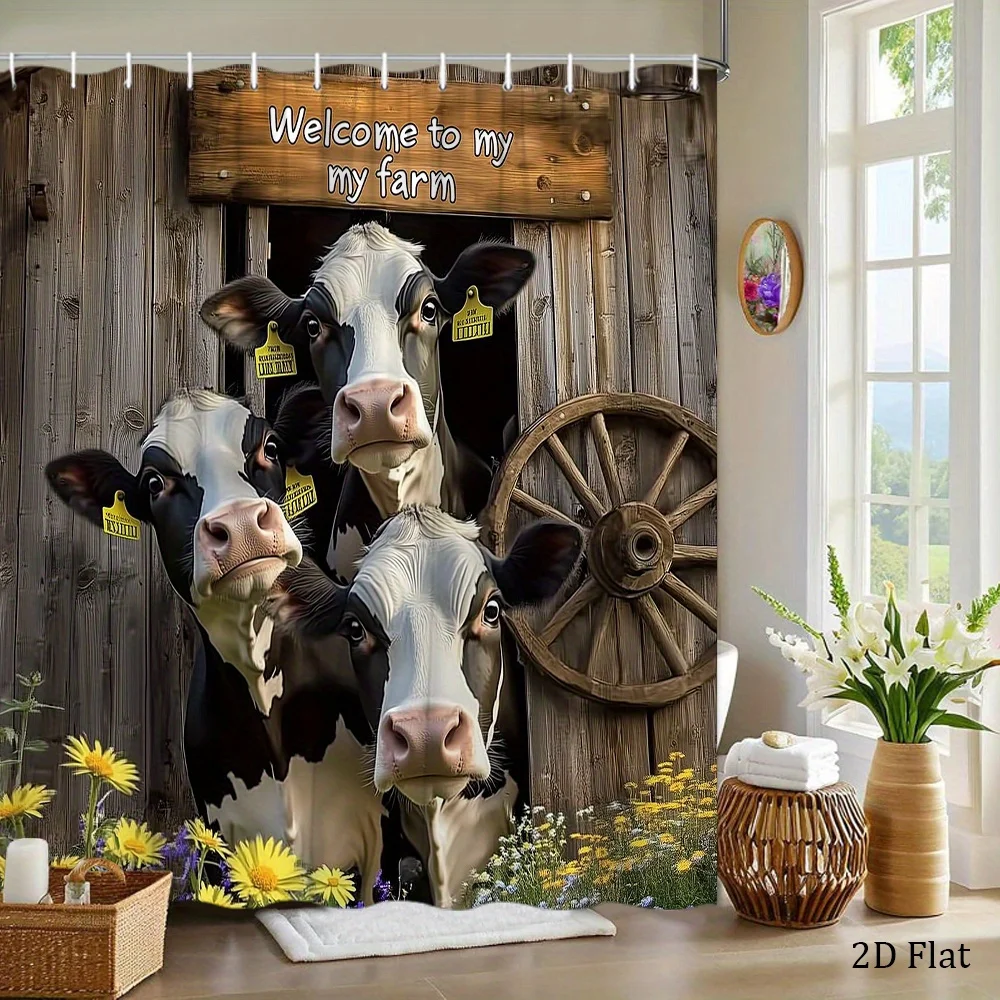 One Rustic Barn Shower Curtain Featuring Holstein Cows, Wildflowers, And a Whimsical 'Welcome to My Farm' Sign, Measuring 70.8X7