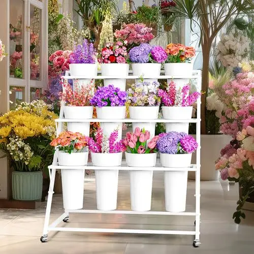 Stepped iron wrought multi-layer flower shop flower rack, light luxury mobile fresh flower bucket storage rack, display rack