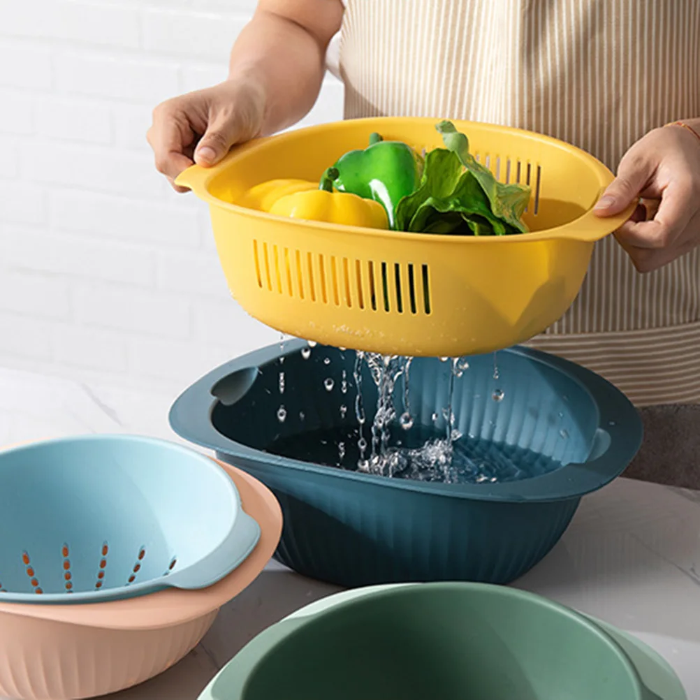 

3Pcs DrainBasket FruitStrainer for Rice VegetableBasin DoubleLayer Plastic Storage Wash KitchenHelper EcoFriendly