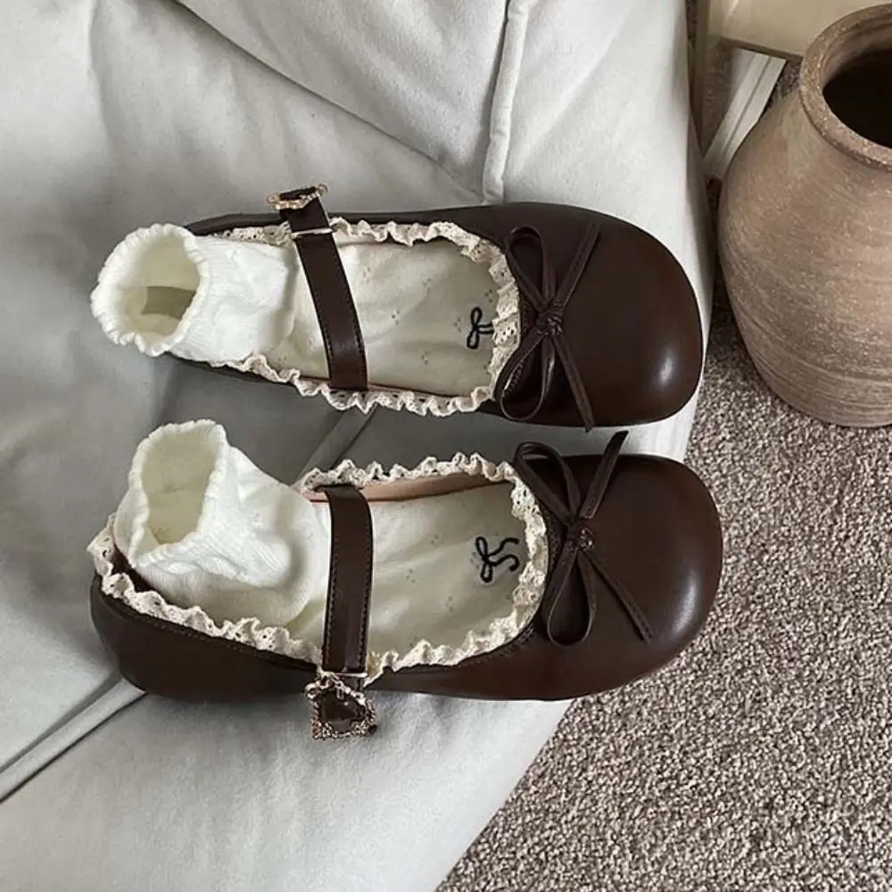 Fashion PU Leather JK Flat Shoes Lace Ruffled Bow Casual Ballet Flats Soft Sole Sweet Slip On Loafers Girls
