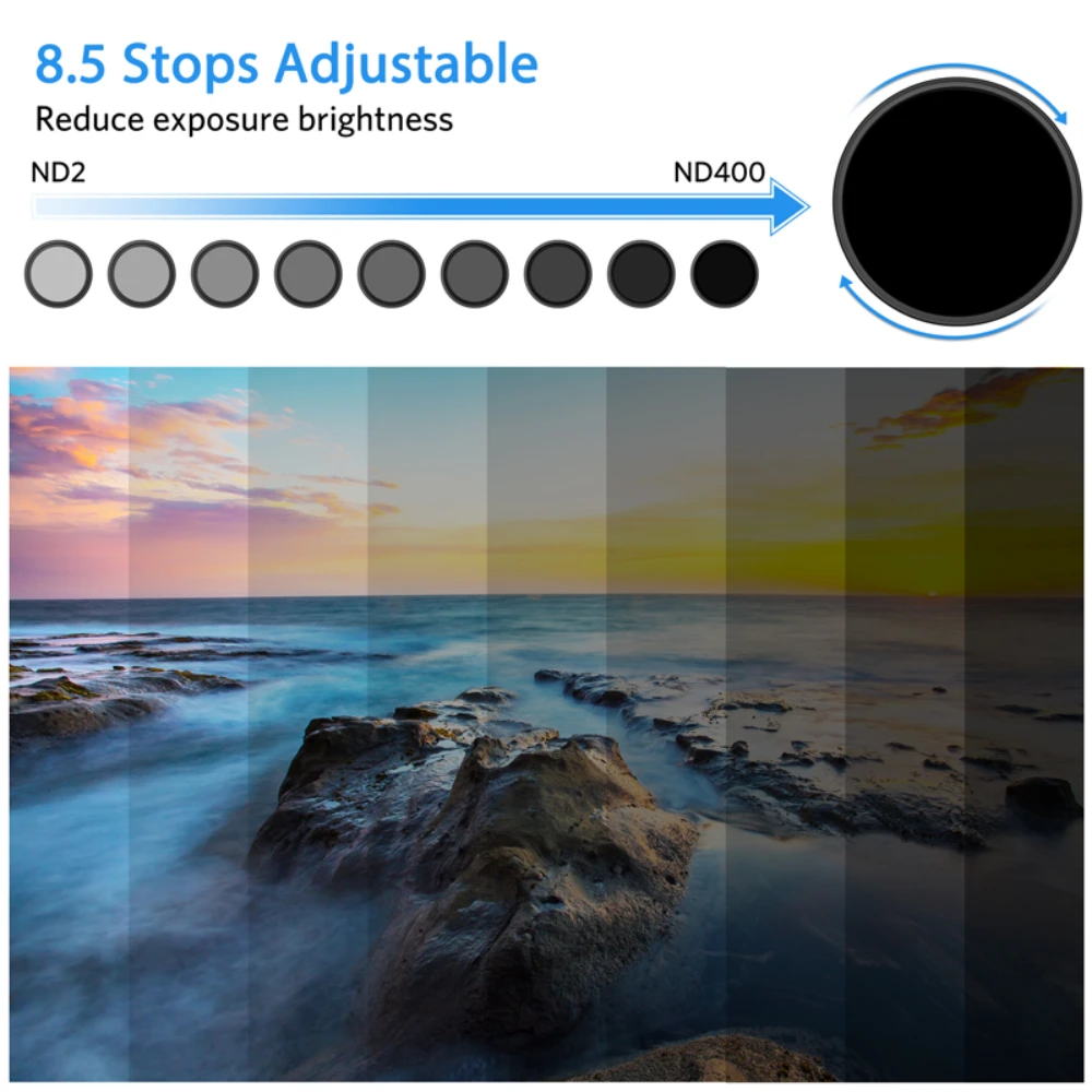 ARTCISE Variable Lens ND2-400 Filter 37/40.5/43/49/52/55/58/67/72/77/82mm Accurate Color Temperature Slim Camera Filter for DSLR