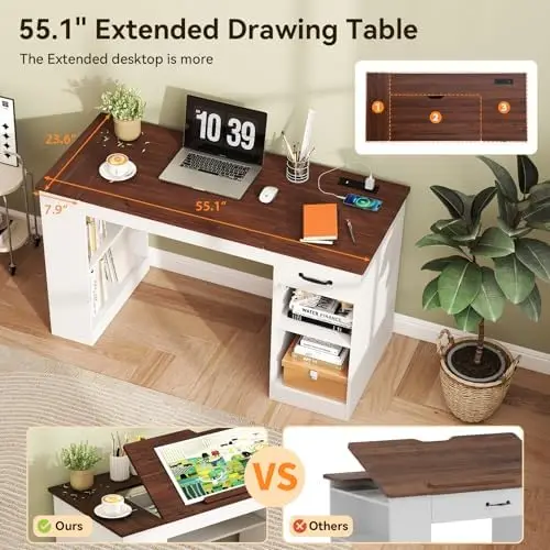 55.1" Drafting Table with Storage Cabinet & Drawers, Craft Art Table with Storage & Tiltable Tabletop, Computer Desk view 6