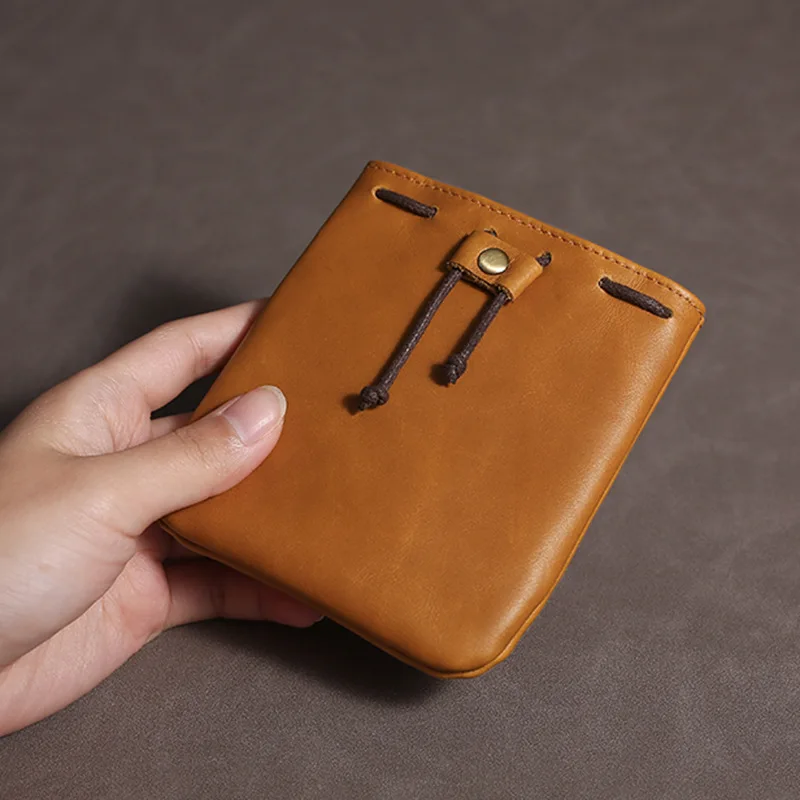 Genuine Leather Card Holder Men Small Wallet Draw String Mini Purse Coin Pouch Vintage Male Wallets Coin Change Pocket Money Bag