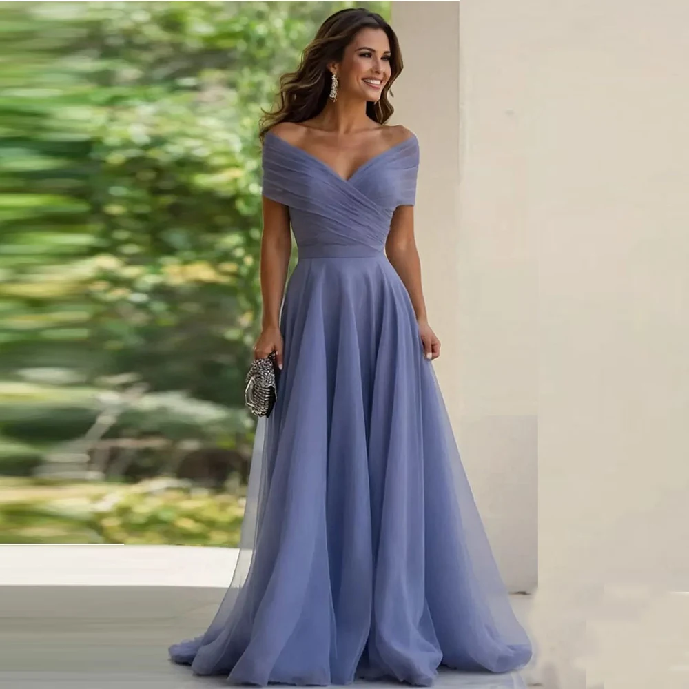 Off the Shoulder Mother of the Bride Dresses Simple A Line Pleated Prom Gowns Long for Wedding Guest V Neck Cocktail Party Dress