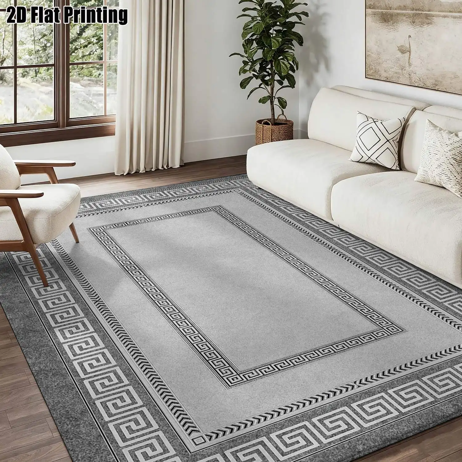 1Pc 2D Printed Carpet: Gray Base, Retro Border European-Style Decorative Rug, Multi-Size, Machine Washable, Ideal for Entryway, Dining Room, Foyer, Study, Living Room.