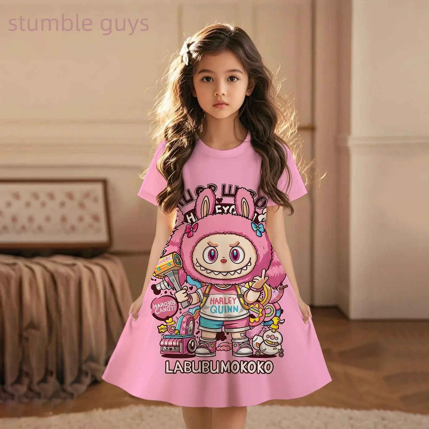 

2025 Labubu Children Summer New Thin Night Dress Pajamas Short Sleeve Cartoon Girls Loose Pyjamas Casual Clothing Dress Homewear
