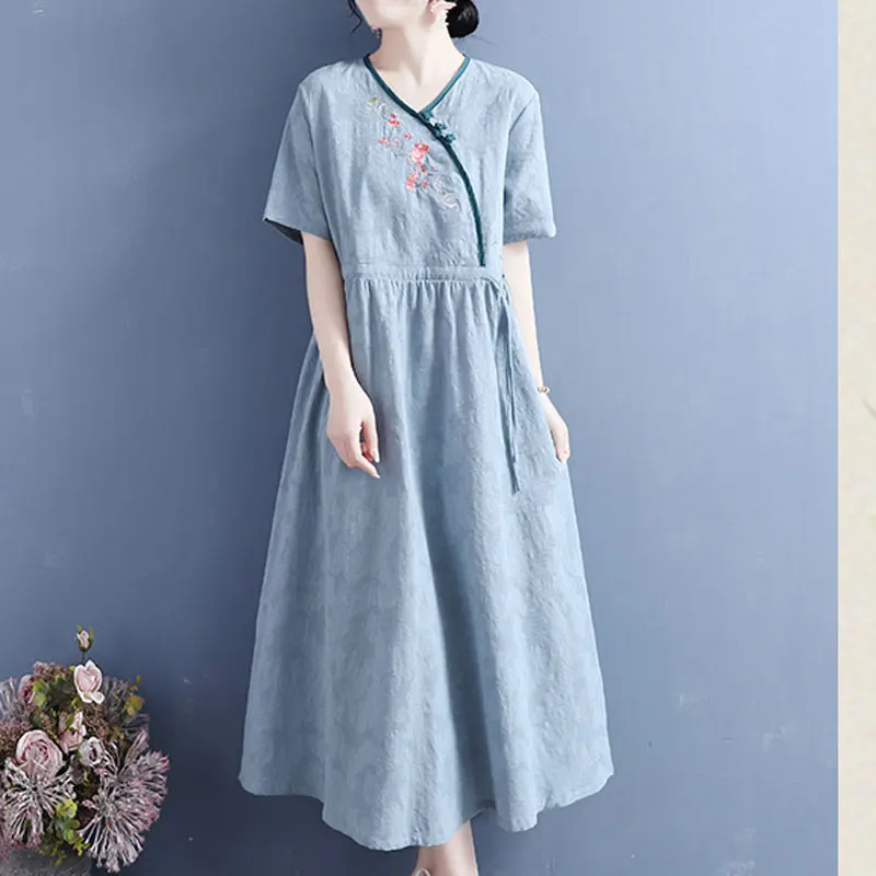 Chinese Disc Buckle V-Neck Dresses Summer New Folk Fashion Embroidery Women\'s Clothing Casual Loose A-Line Drawstring Midi Dress