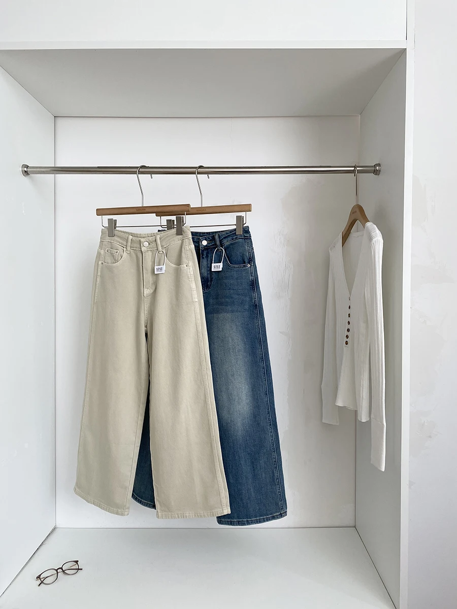 

Корейские джинсы-клеш с высокой талией в стиле Commuter для женщин: новые весенние эластичные свободные повседневные длинные брюки-кроссбоди, тренд сезона