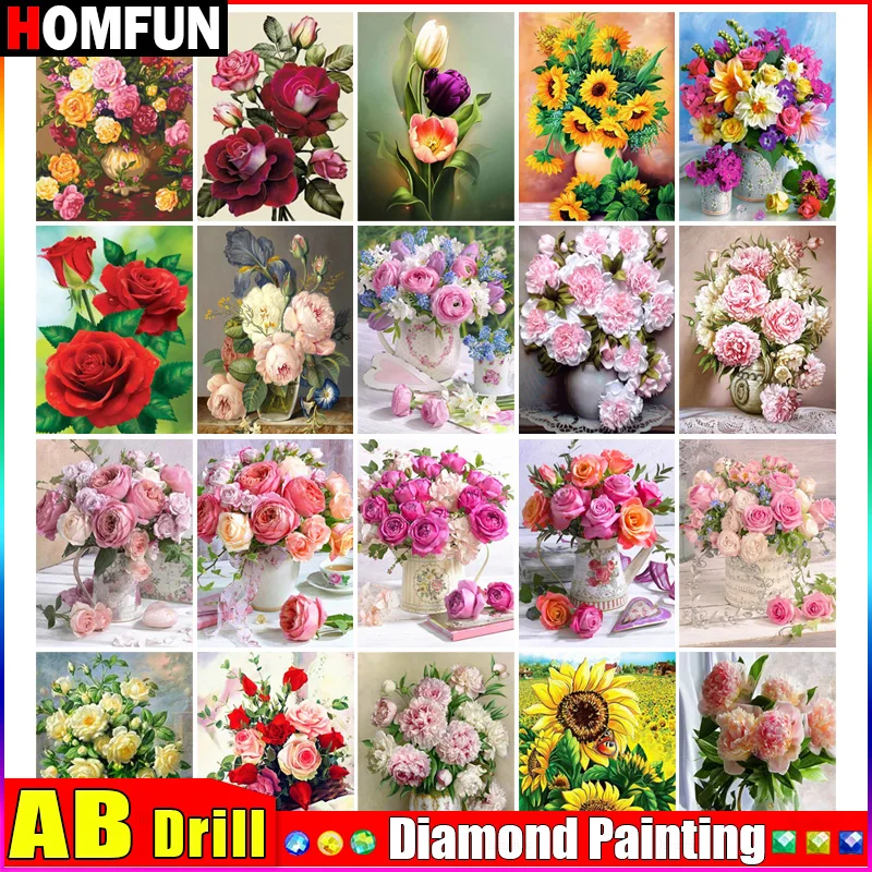

HOMFUN AB Art 5D Diy Diamond Painting "Flower Rose Tulip" Diamond Pictures Cross Stitch 3D Rhinestone Embroidery Decor